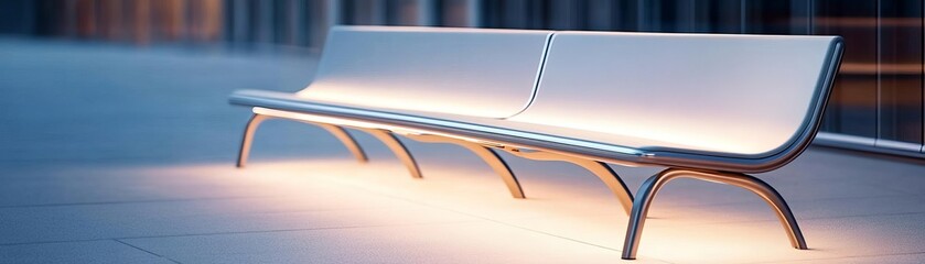 Fototapeta premium Curved futuristic outdoor bench with sleek metallic accents and soft lighting