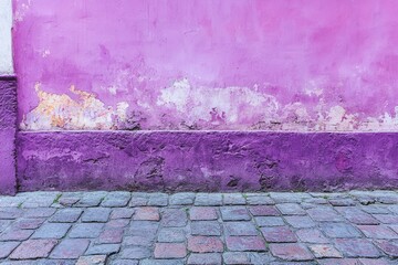 Fototapeta premium Vibrant pink and purple weathered wall with cobblestone street