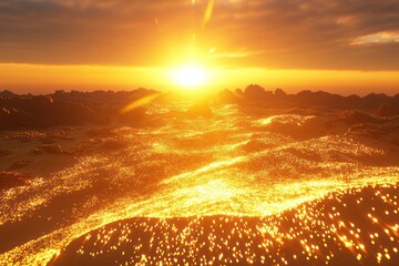 Stunning sunrise over a desert landscape with golden sand dunes and warm glowing light. Full ultra HD,