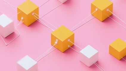 Pink background, connected cubes, network, concept, illustration
