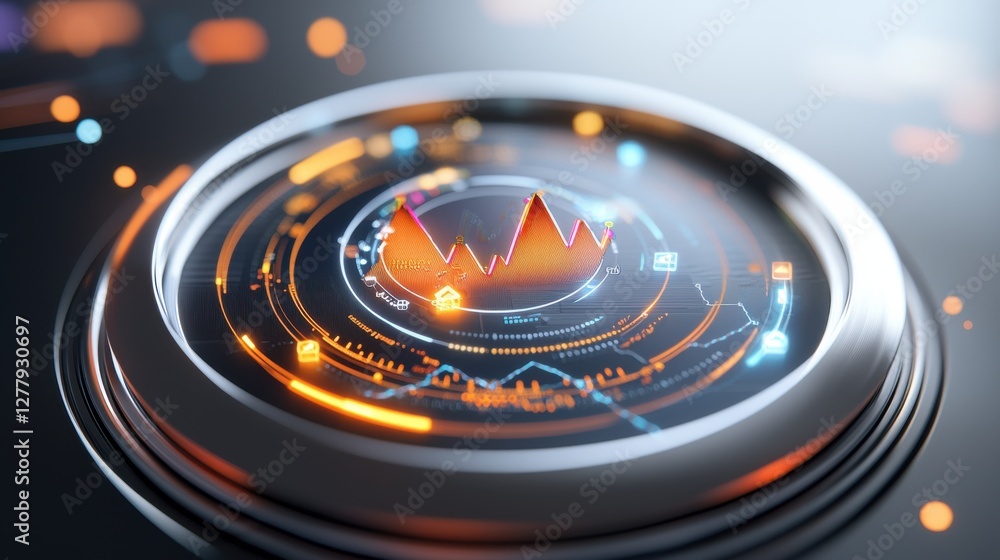Poster futuristic digital data visualization dashboard with financial market graphs and charts