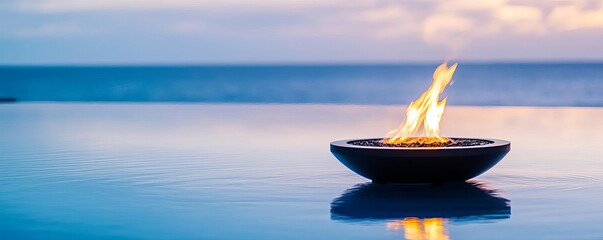 Floating fire feature in the middle of an infinity pool, sleek luxury concept