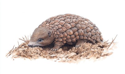 Obraz premium Detailed illustration of a pangolin foraging on the ground among dry foliage in a natural setting