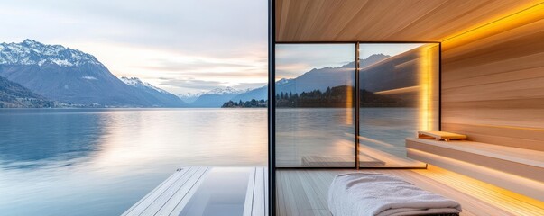 Fototapeta premium Floating outdoor sauna with sleek glass walls and panoramic lake views