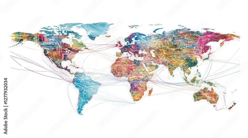 Poster colorful world map with interconnected lines and global network