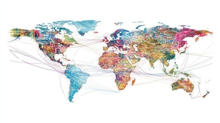 Obraz premium Colorful world map with interconnected lines and global network