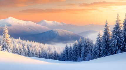 Snowy mountain landscape with evergreen trees at sunset
