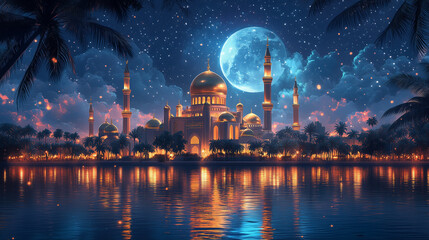 Majestic mosque under full moon reflecting on water at night
