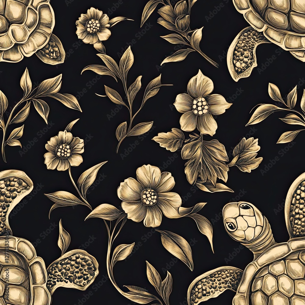 Poster sea turtle shell with intricate floral and botanical seamless pattern