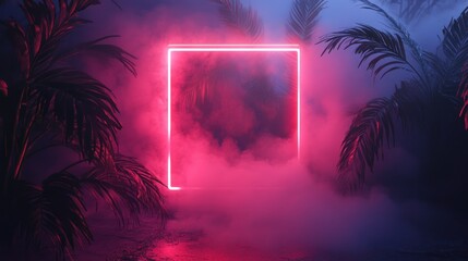Glowing pink square portal in a foggy palm tree scene