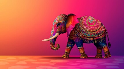 Fototapeta premium Ornate elephant, vibrant colors, Holi festival.