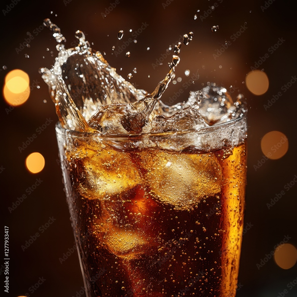 Poster refreshing cola with ice cubes and dynamic splash against dark background with bokeh lights