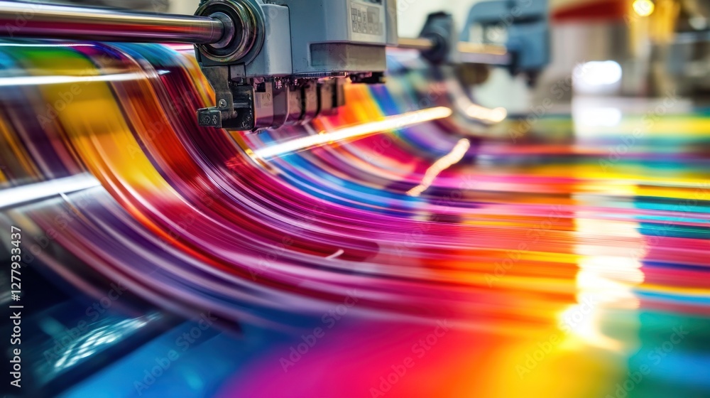 Poster printing machine in action with vibrant color streams flowing fast