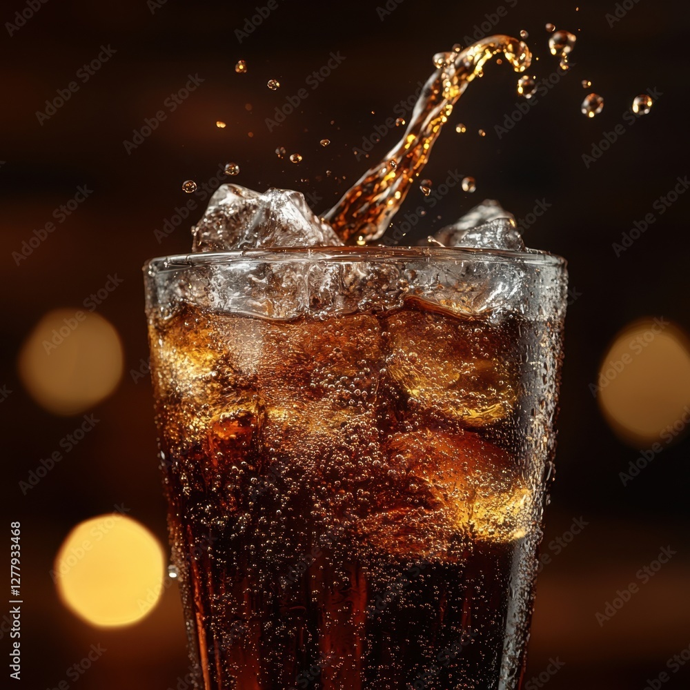 Poster refreshing cola beverage with ice cubes and dynamic splash against blurred golden bokeh lights backg