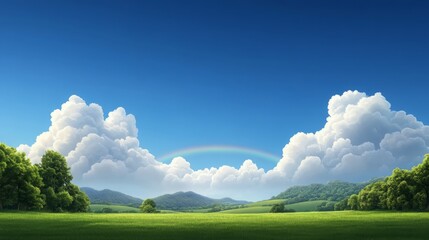 Serene Green Meadow Landscape with Rainbow and Fluffy Clouds under a Blue Sky