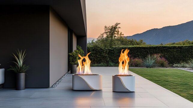 Futuristic outdoor fireplace with bio-ethanol flames and sculptural design