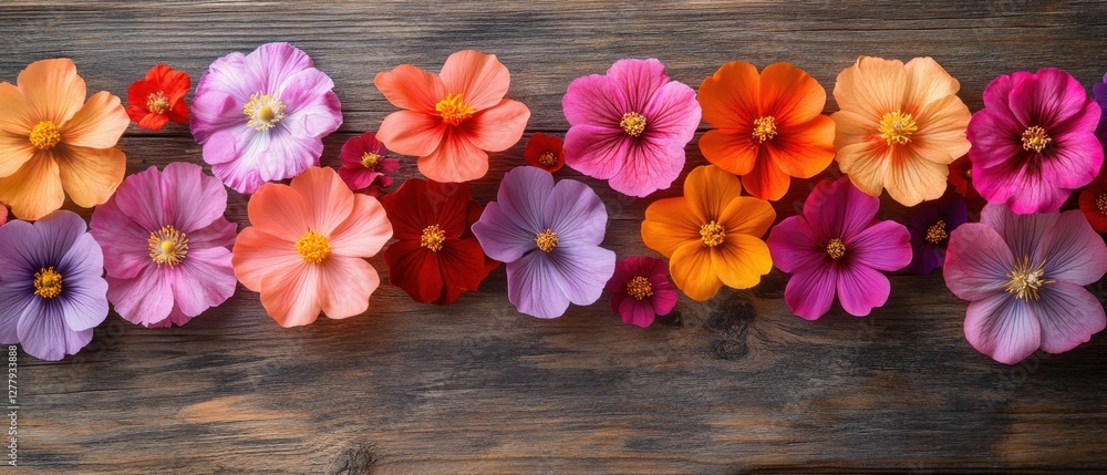 Poster Vibrant array of colorful flowers in full bloom arranged on rustic wooden surface creating a cheerful and natural composition perfect for spring