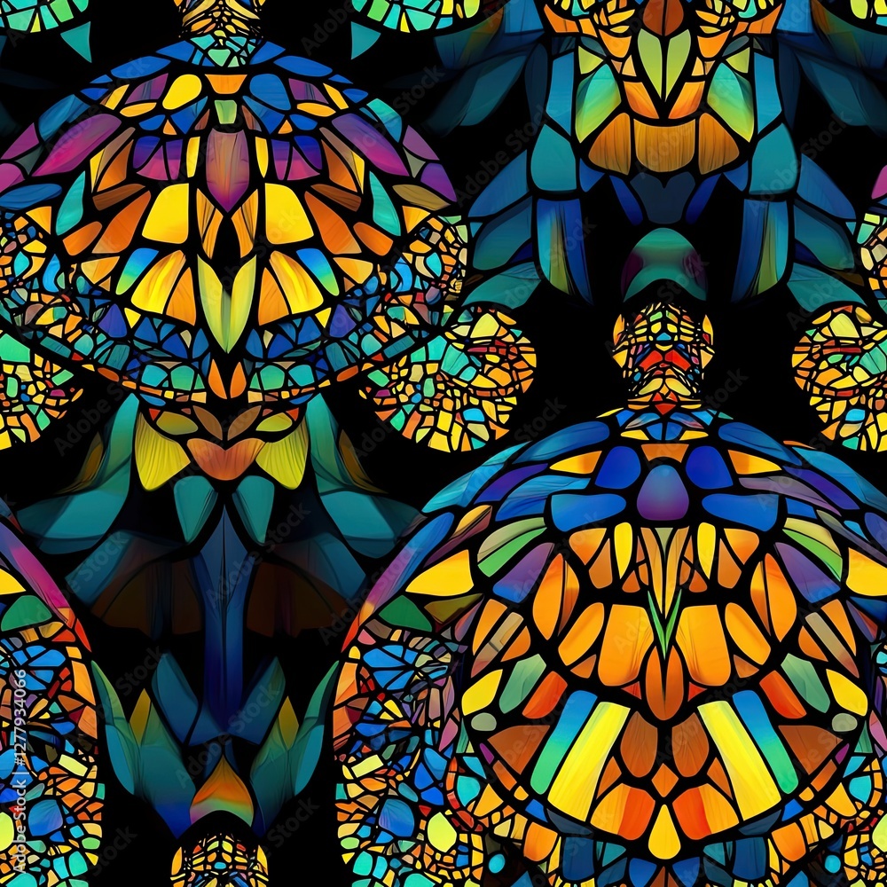 Poster Seamless Pattern Design Turtle Shell with Stained Glass Art