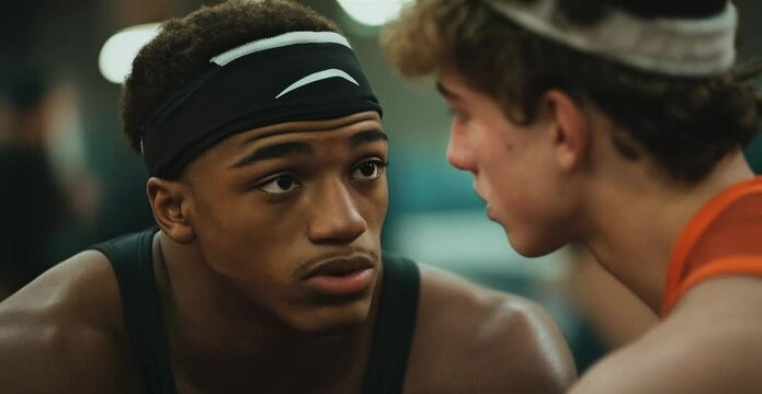 Two Young Wrestlers in a Training Environment Focus on Their Experience Together, Emphasizing Camaraderie and Sportsmanship in Competitive Athletics