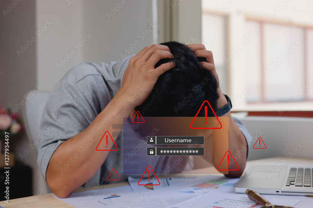 Aufkleber system warning hacked alert, cyber attack on computer network.data protection concept. concept of cy