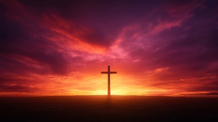 Naklejka premium Silhouette Cross at Sunset Dramatic Vibrant Sky Faith Hope Religious Symbol