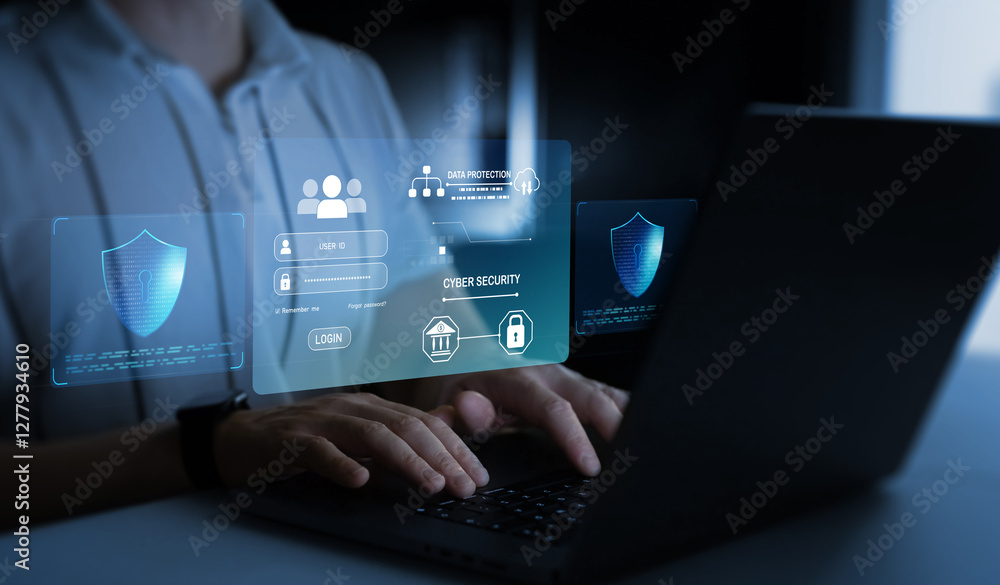 Poster protecting herself from cyber attacks and personal data.protection data access.cyber security protec