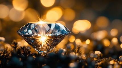 Fototapeta premium A gleaming diamond sits on a surface under golden lights