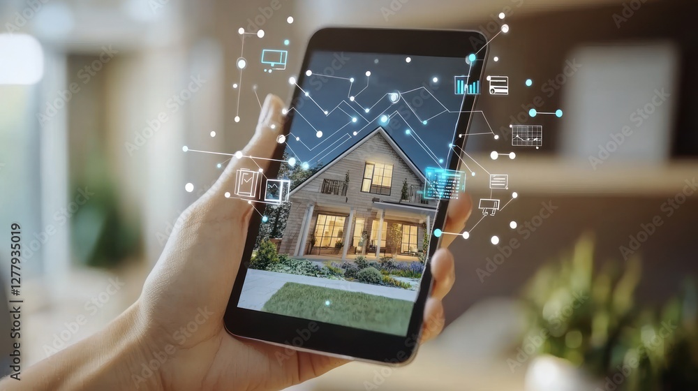 Poster person using a smartphone to view a smart home interface