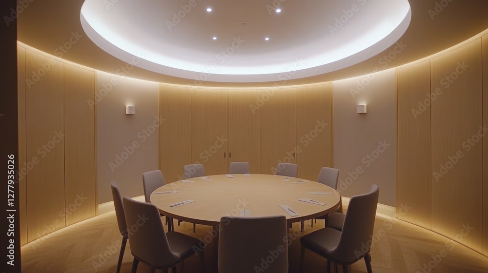 Poster round table in a circular room with soft ambient lighting