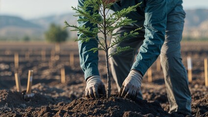 Man planting a tree in empty field, environmental restoration effort