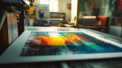 Fototapeta premium Close up view shows painting being processed by printing machine