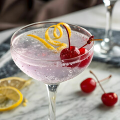 A refreshing Aviation gin cocktail served with a brandied cherry and lemon twist.