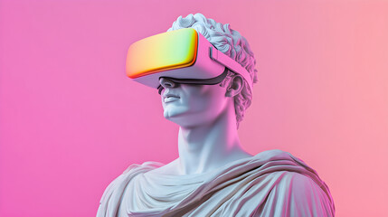 Statue of man wearing virtual reality glasses. The sculpture is a bust on a pink background. VR headset. A concept of future technology. Combination of history and modernity. Surrealism, 3 D model