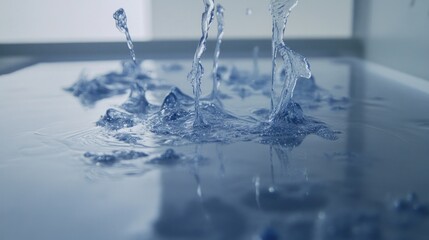 Water splashes creating droplets on a reflective surface