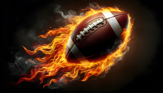 American Football An American football surrounded by fiery orange, yellow, and red flames, trailing behind it as it sp3
