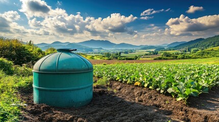 Obraz premium Green water tank sits beside a lush vegetable field