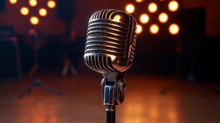 Vintage Microphone on Stage with Warm Lighting Ready for Performance