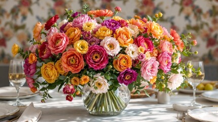 Screensaver. Colorful ranunculus bouquet on dining table, bright and inviting atmosphere