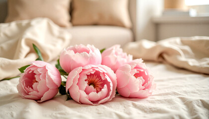Screensaver. Serene pink peonies softly lit in cozy bedroom setting, floral beauty