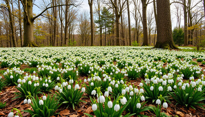 Obraz premium Screensaver. Drift of snowdrops in forest during early spring, natural beauty