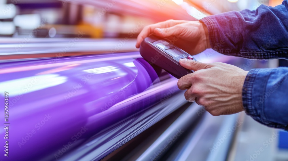 Poster worker inspecting large purple printing material with handheld device
