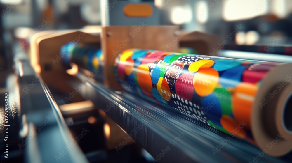 Poster rolls of colorful patterned material move along a conveyor system