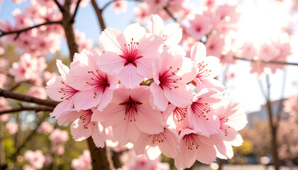 Obraz premium Screensaver. Blooming cherry blossoms in city park under soft sunlight, spring beauty