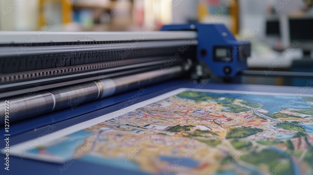Poster large format printer with city map print in focus