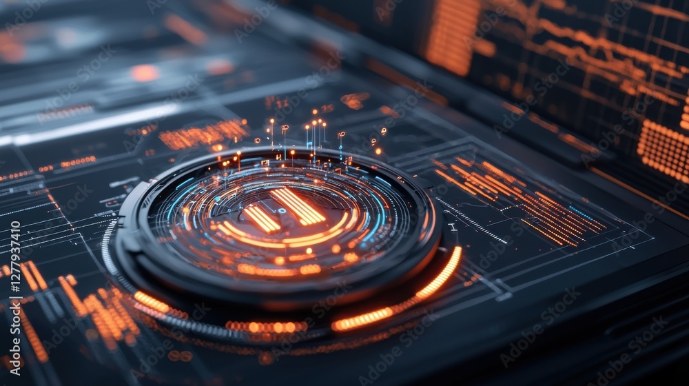 Poster futuristic digital technology interface with hologram data display and control dashboard