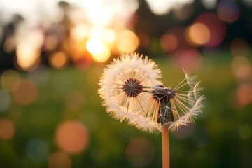 Fototapeta premium Close-up of a dandelion seed head with seeds blowing in the wind, illuminated by the warm glow of the setting sun. 