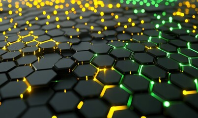 Fototapeta premium Abstract close-up of illuminated hexagonal patterns in vibrant colors on a dark surface