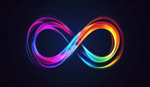 Colorful infinity symbol glowing dark background, abstract art, website design