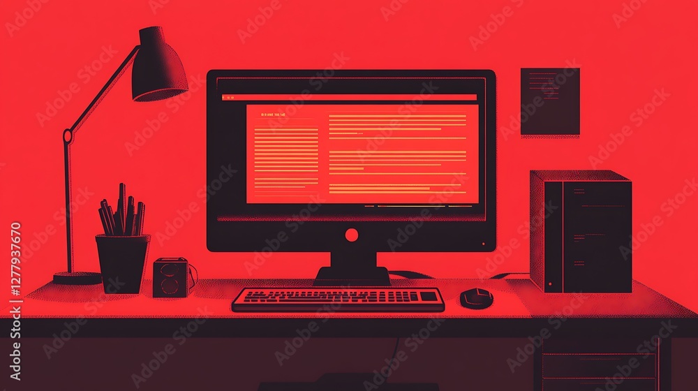Poster red desk setup with computer and accessories