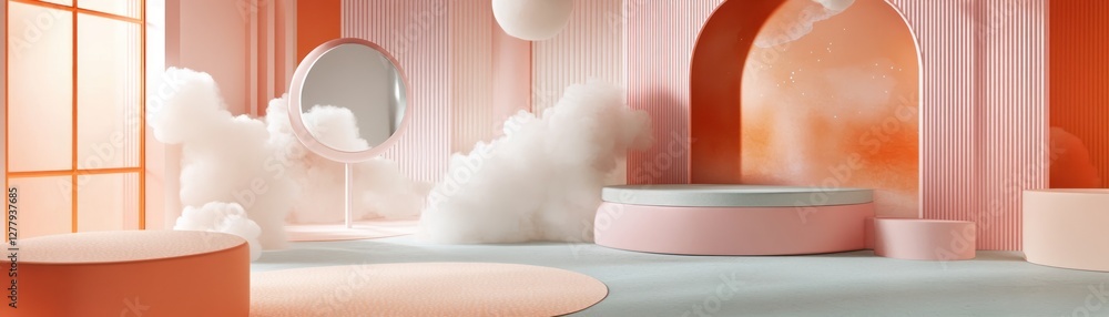 Poster abstract studio setting with clouds platforms and circular mirror